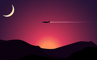 airplane above mountains with sunset under crescent moon