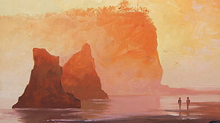 mountain rock near seashore art, artwork, fantasy art, nature, cliff