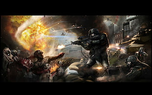 black and white horse painting, zombies, apocalyptic, soldier, horror HD wallpaper