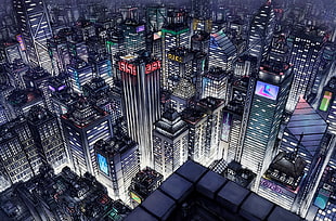 high rise buildings illustration, cityscape, night, artwork, skyscraper