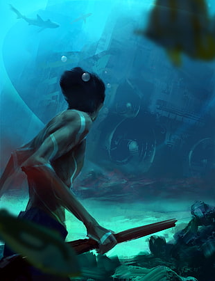 man holding stick underwater digital wallpaper, fantasy art, underwater HD wallpaper