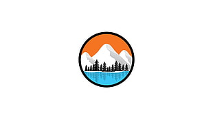 snow mountain, trees, and water logo