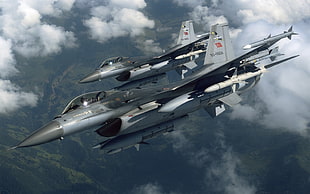 two grey fighter jeys, General Dynamics F-16 Fighting Falcon, aircraft, military aircraft