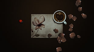 white mug and floral table mat digital wallpaper, coffee