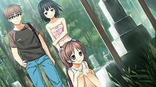 man, woman, and girl anime character standing near gray tomb digital wallpaper