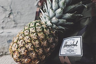 Pineapple fruit beside Herschel bag