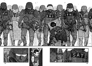 group of men wearing black and gray costume illustration collage, manga, Ajin