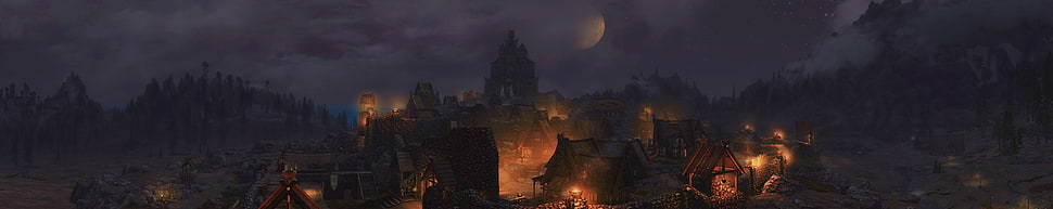 lighted castle digital wallpaper, The Elder Scrolls V: Skyrim, panoramas, lights, castle HD wallpaper