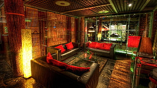 black and red leather 3-piece sofa furniture set taken on lighted room with bamboo walls HD wallpaper