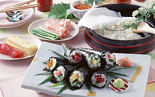 sushi rolls on white ceramic plate HD wallpaper