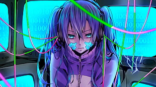 Hatsune Miku illustration, Ene Vocaloid, Vocaloid, binary, headphones