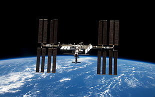 gray satellite, space station, Earth, International Space Station, Soyuz