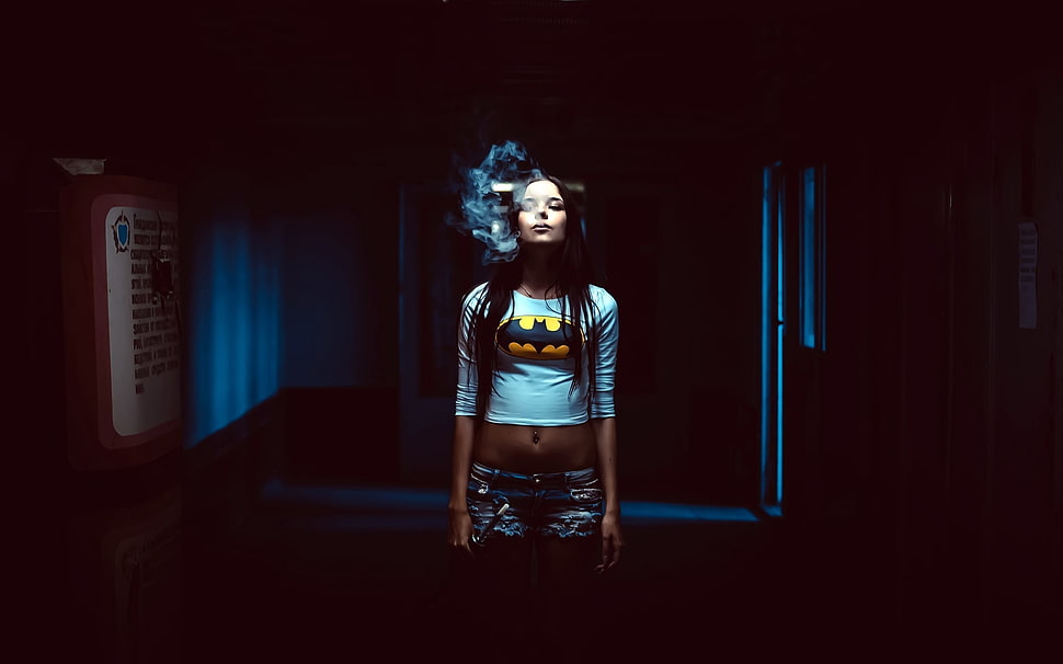 woman in white Batman portrait long-sleeved crop top while smoking HD wallpaper