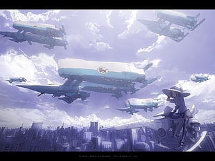 white and green airship illustration, machine, anime, science fiction, architecture