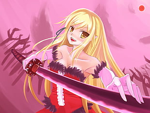 female anime character with yellow long hair holding a sword digital wallpaper