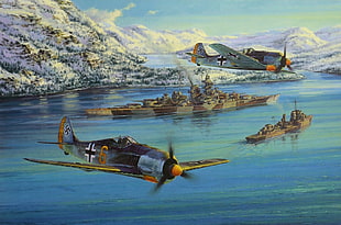 two planes and one warship painting, World War II, fw 190, Focke-Wulf, Luftwaffe