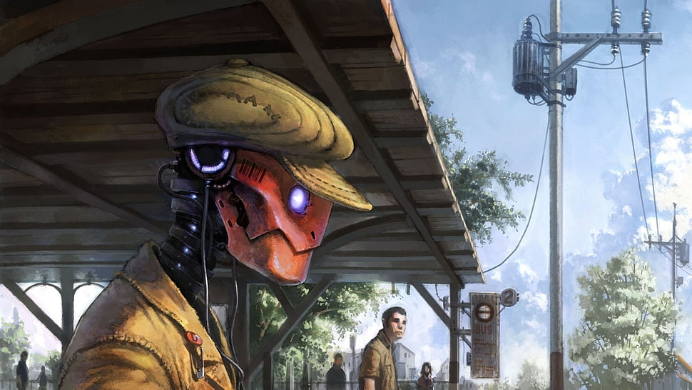 brown and red robot wallpaper, robot, artwork, hat, bus stations HD wallpaper