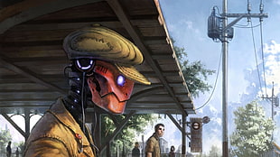 brown and red robot wallpaper, robot, artwork, hat, bus stations
