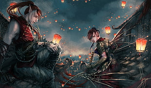 male and female game character poster, fantasy art, original characters, sky lanterns