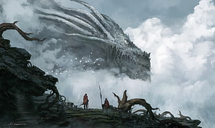 man standing on stone looking at dragon illustration, digital art, fantasy art, dragon