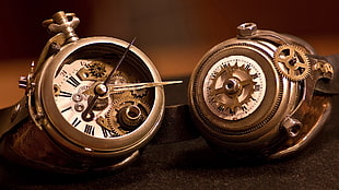 two brown skeleton pocket watches, watch, gears, clockworks, hands