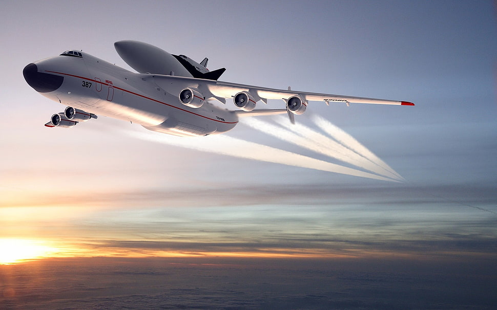 white plane flying during sunset HD wallpaper