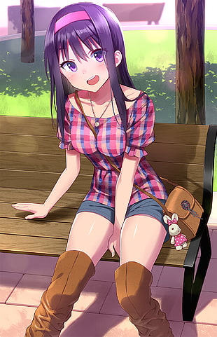 female anime character sits on brown wooden bench