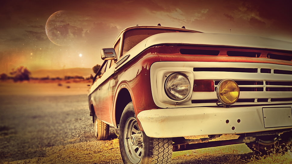 red and white vehicle, landscape, closeup HD wallpaper