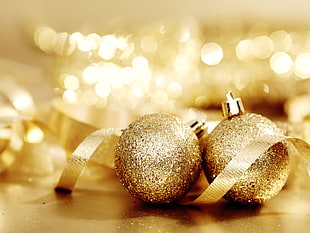 two gold baubles, holiday, Christmas HD wallpaper