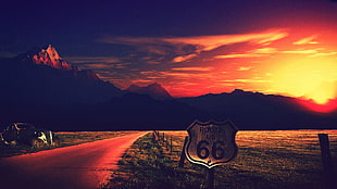 Route US 66 signage, road, Route 66, USA, California