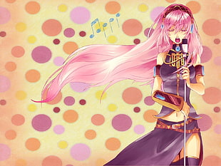 pink hair female anime character holding microphone