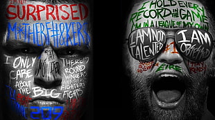 two men's face with texts, mma, Conor McGregor, face, selective coloring