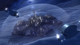 space ships and dome city illustration, Atlantis, Stargate, jumper