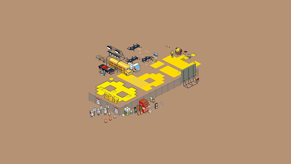 yellow bus illustration, pixels, artwork, isometric, 8-bit HD wallpaper