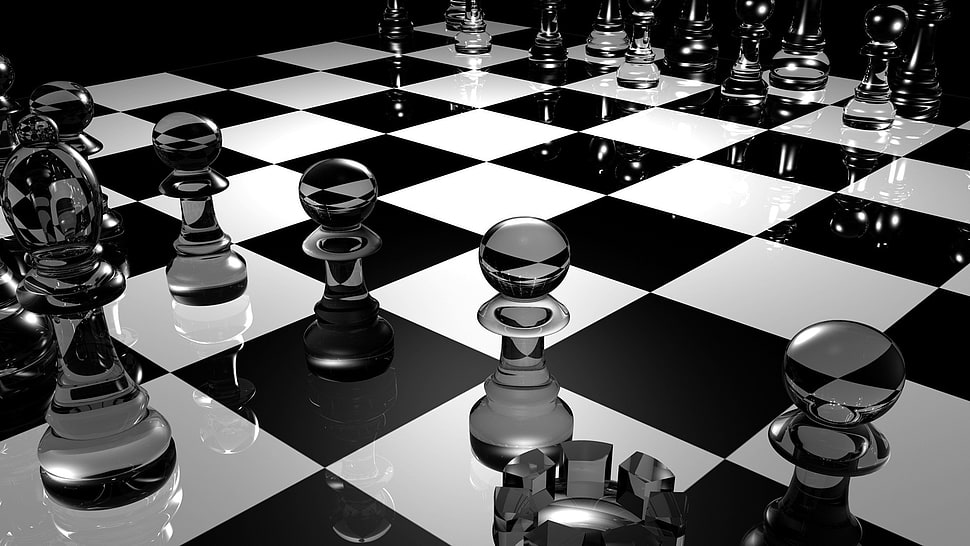 chess board illustration, chess, digital art, 3D, reflection HD wallpaper