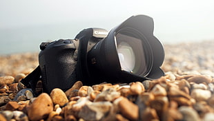black Canon DSLR camera, camera, Canon 5d, rock, sunlight HD wallpaper