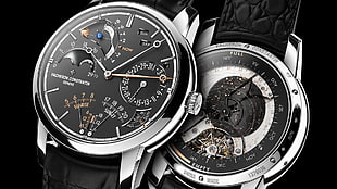 round silver chronograph watch with black leather strap, watch, Vacheron Constanin, dials, simple background HD wallpaper