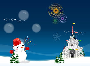 snowman outside white castle digital wallpaper