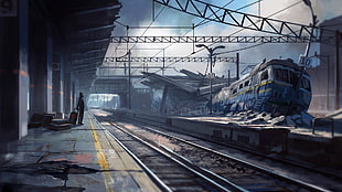 man in front of destroyed train digital wallpaper, artwork, fantasy art, apocalyptic, train station