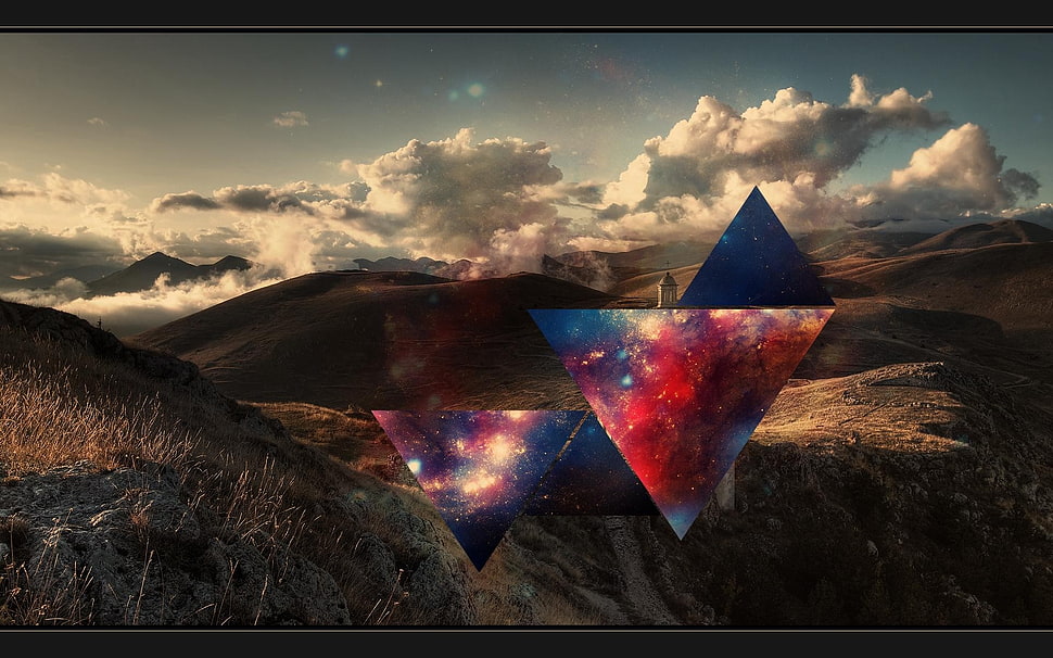 mountain range with galaxy artwork overlay wallpaper, abstract, polyscape HD wallpaper