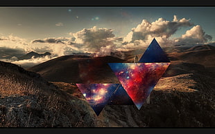 mountain range with galaxy artwork overlay wallpaper, abstract, polyscape