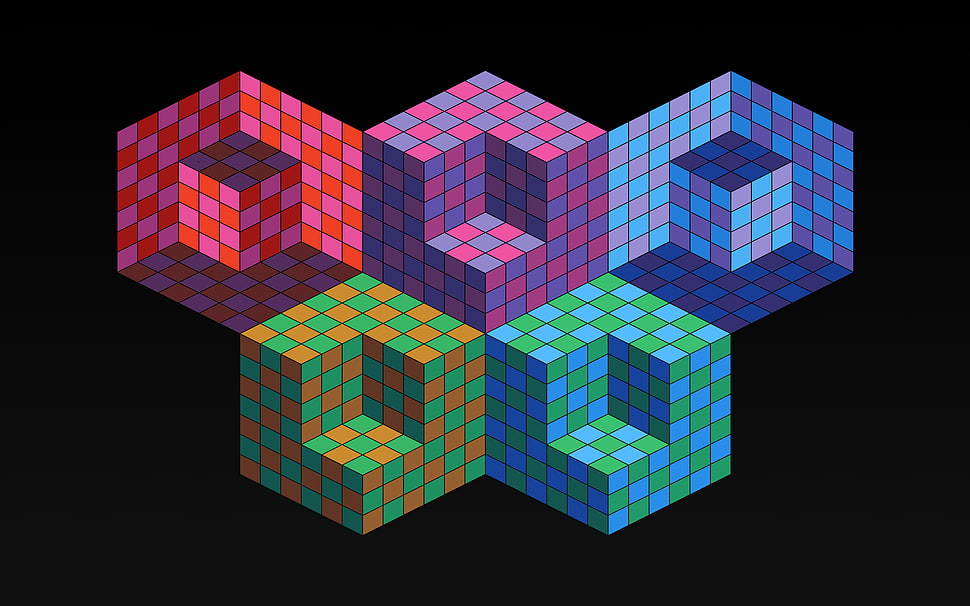 geographic digital wallpaper, optical illusion, cube, black background, abstract HD wallpaper