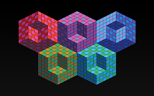 geographic digital wallpaper, optical illusion, cube, black background, abstract