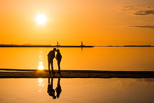 silhouette photo of couple kissing on seashore during golden hour