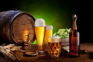 brown wooden beer barrel near beer glass full and bottle photo HD wallpaper