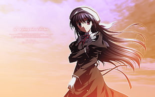 black haired female anime character digital wallpaper