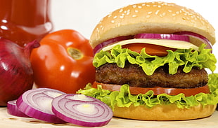 hamburger beside onion and tomato HD wallpaper
