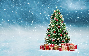 green christmas tree, Christmas, New Year, gifts