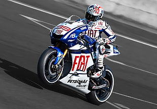 rider on a white and blue FIAT motorcycle on a concrete track HD wallpaper