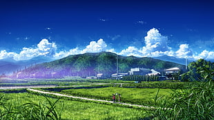 green grass field, fantasy art, anime, sky, clouds